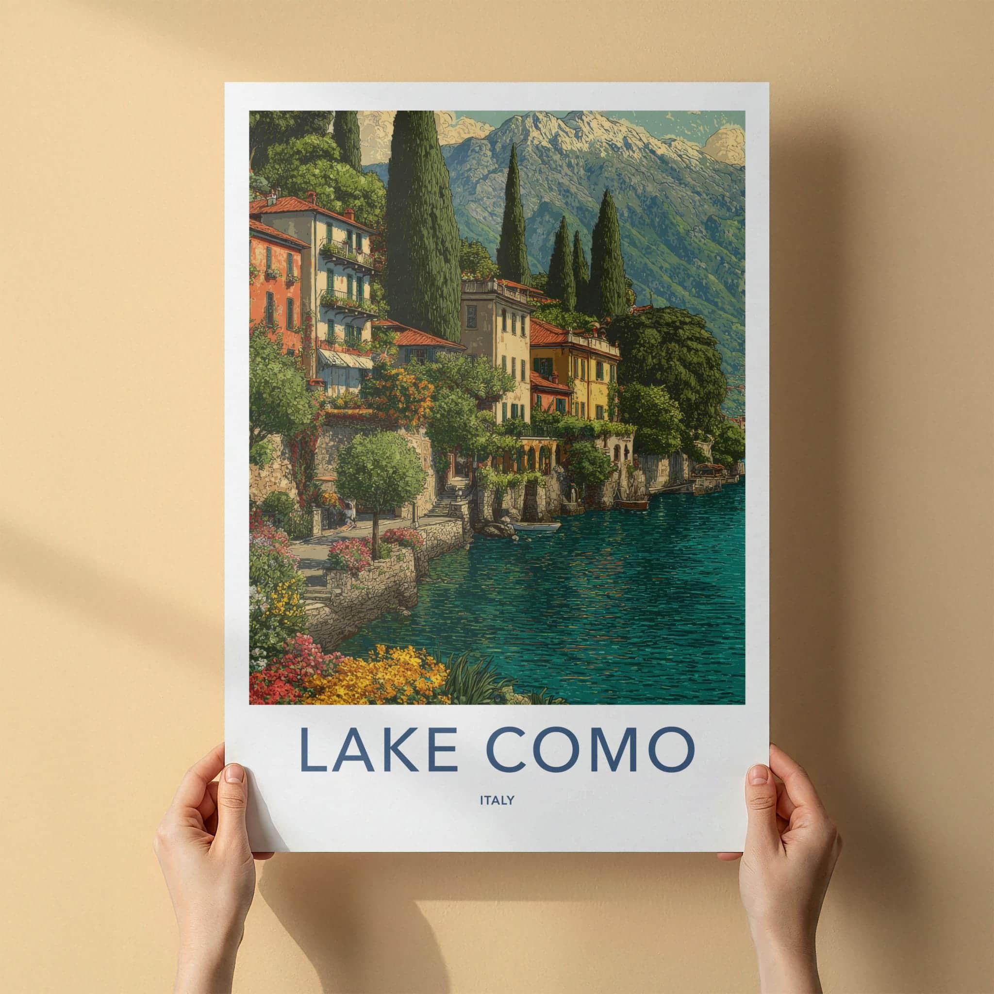 Lake Como Poster - Italy Travel Art - Terraced Homes Mountain Home Decor