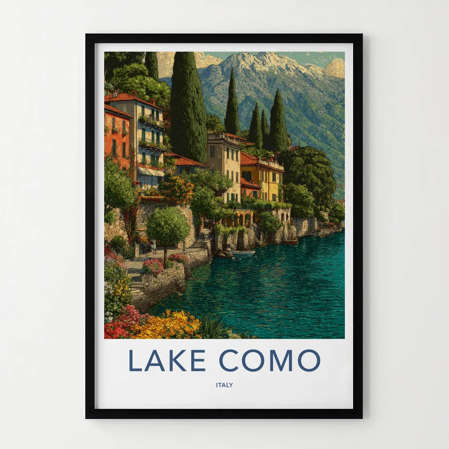 Lake Como Poster - Italy Travel Art - Terraced Homes Mountain Home Decor
