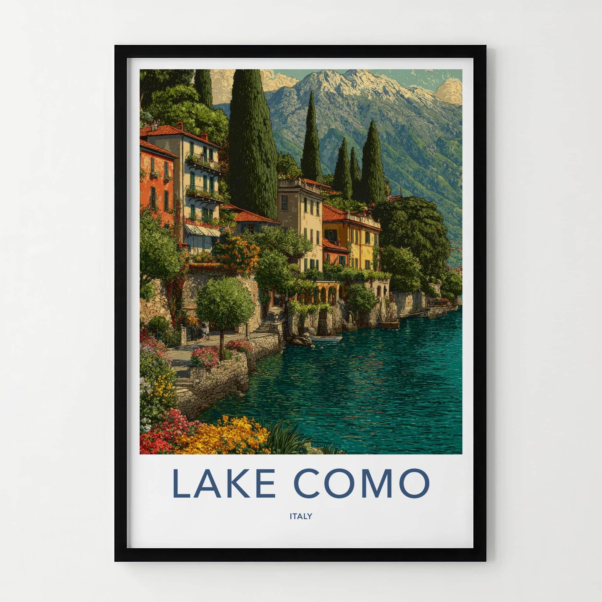 Lake Como Poster - Italy Travel Art - Terraced Homes Mountain Home Decor