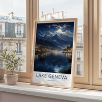 Lake Geneva Poster - Switzerland Art Print - Moonlit Mountain Lake Home Decor