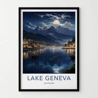 Lake Geneva Poster - Switzerland Art Print - Moonlit Mountain Lake Home Decor