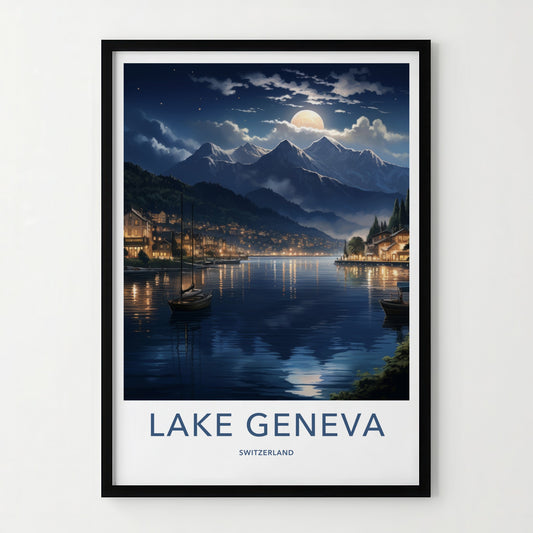 Lake Geneva Poster - Switzerland Art Print - Moonlit Mountain Lake Home Decor