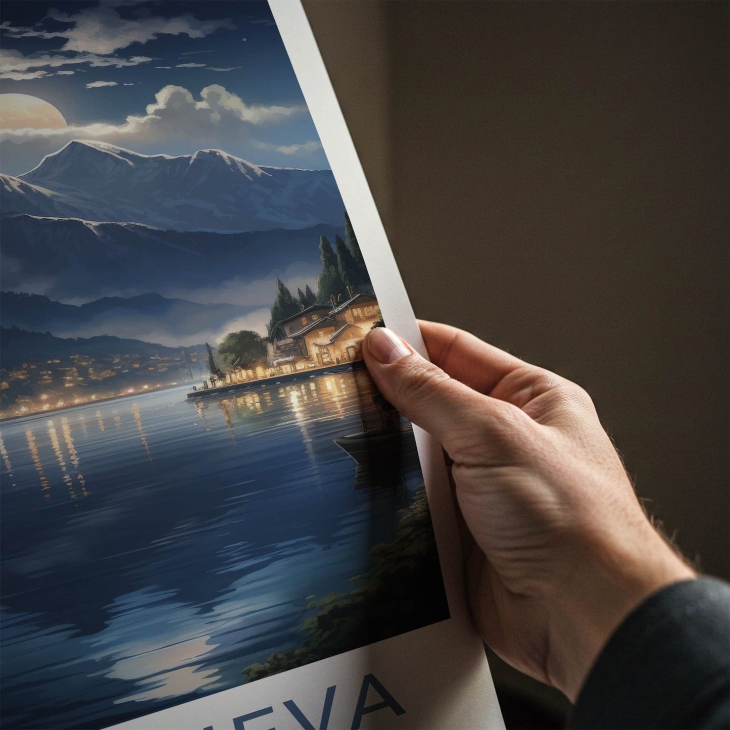 Lake Geneva Poster - Switzerland Art Print - Moonlit Mountain Lake Home Decor