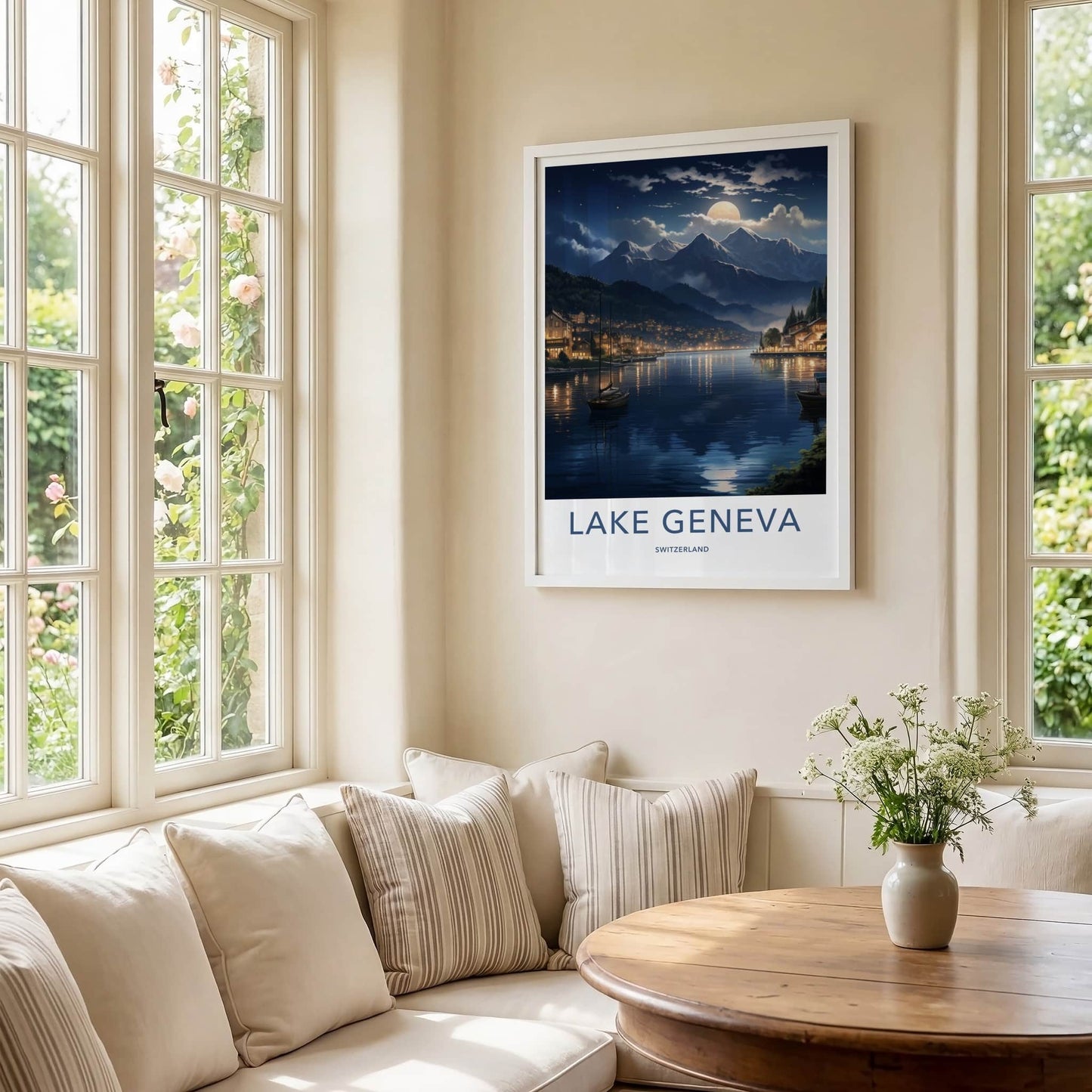 Lake Geneva Poster - Switzerland Art Print - Moonlit Mountain Lake Home Decor
