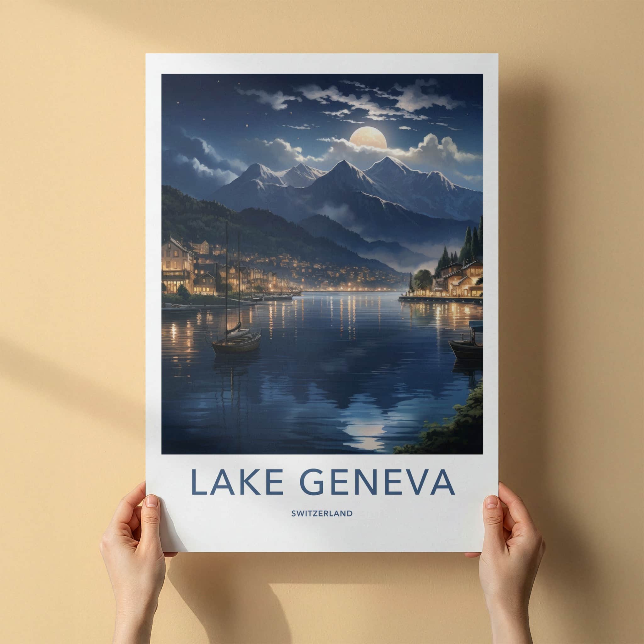 Lake Geneva Poster - Switzerland Art Print - Moonlit Mountain Lake Home Decor