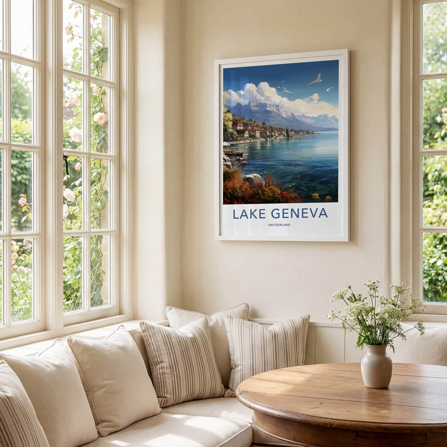 Lake Geneva Poster - Switzerland Travel Art - Cloudy Alpine Landscape Home Decor
