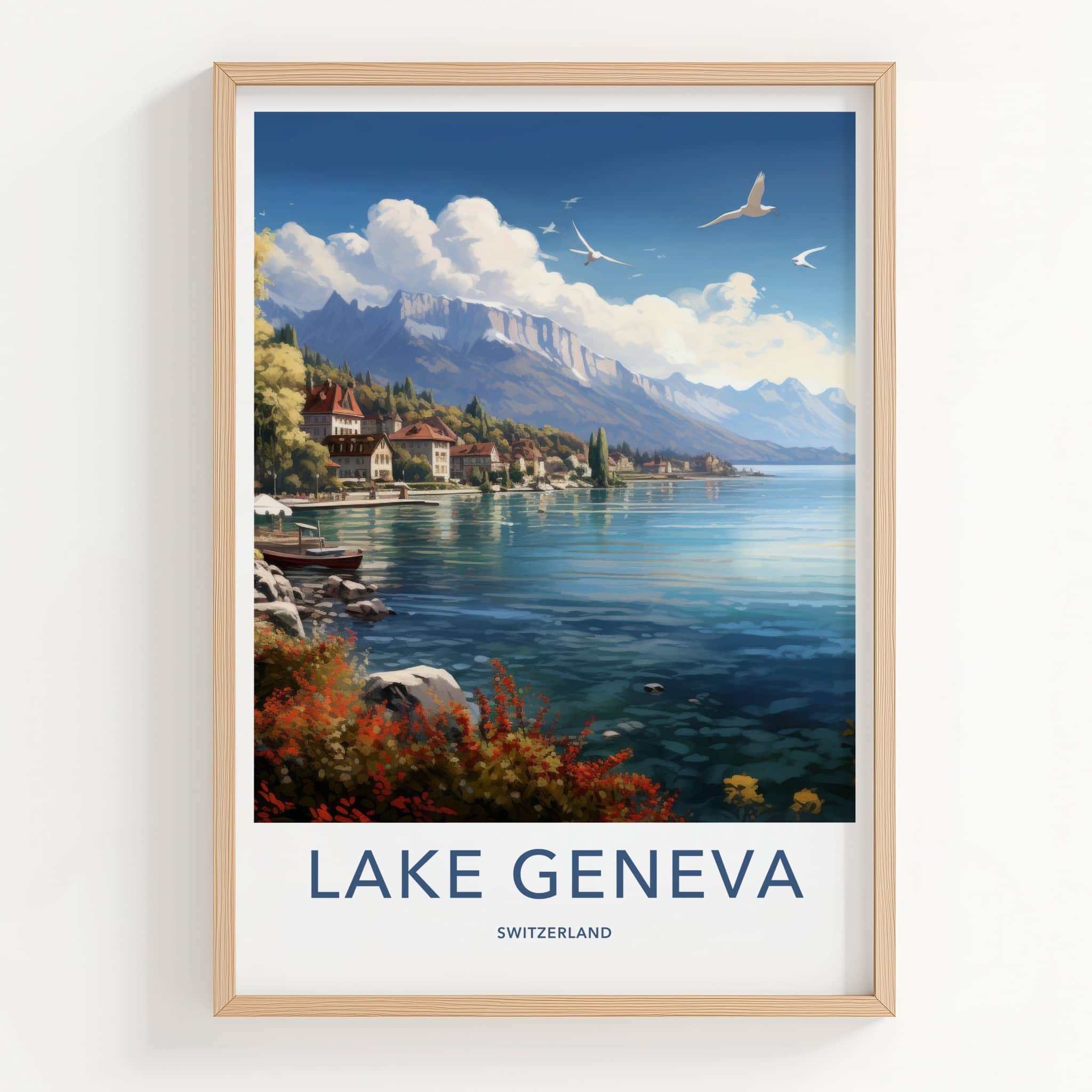 Lake Geneva Poster - Switzerland Travel Art - Cloudy Alpine Landscape Home Decor