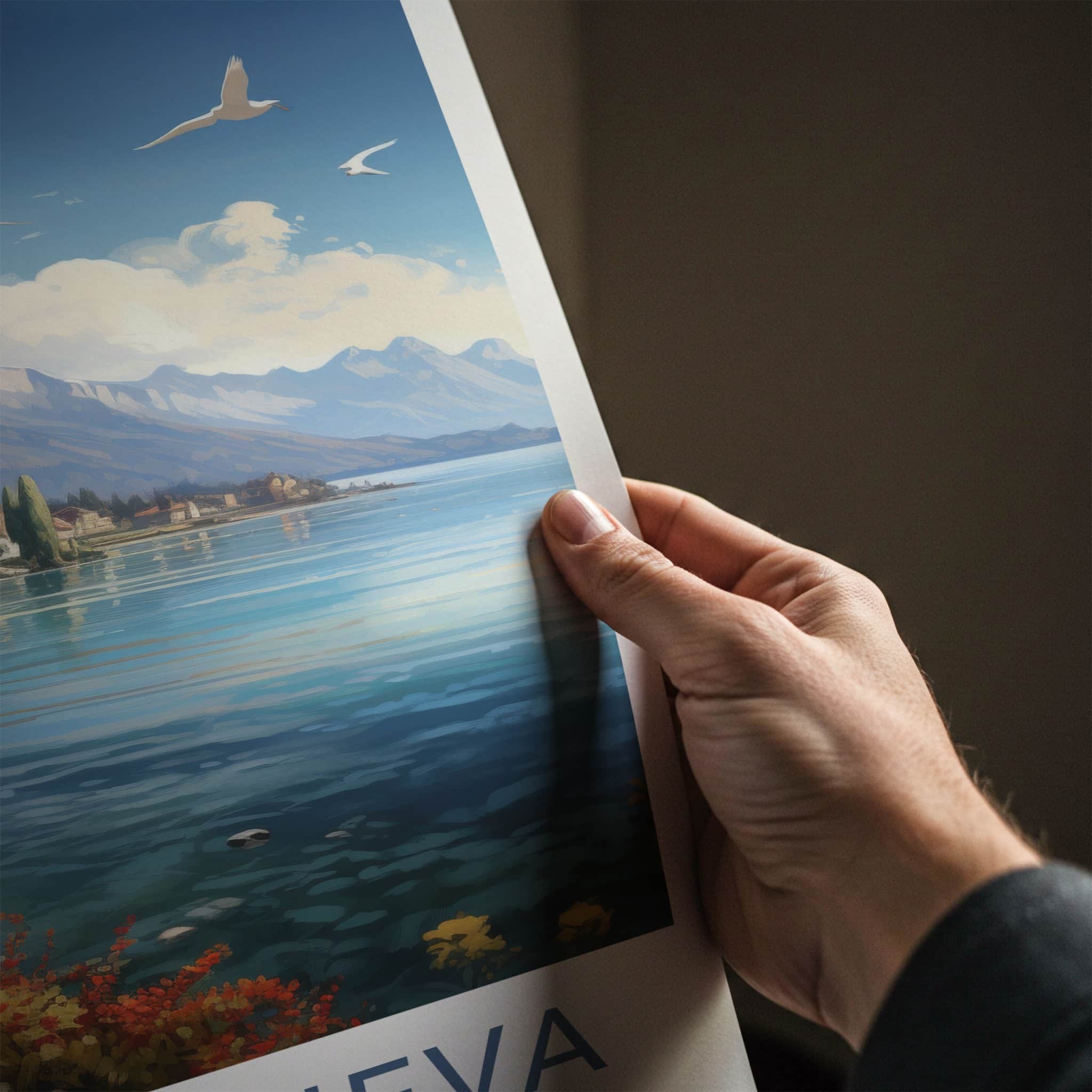 Lake Geneva Poster - Switzerland Travel Art - Cloudy Alpine Landscape Home Decor