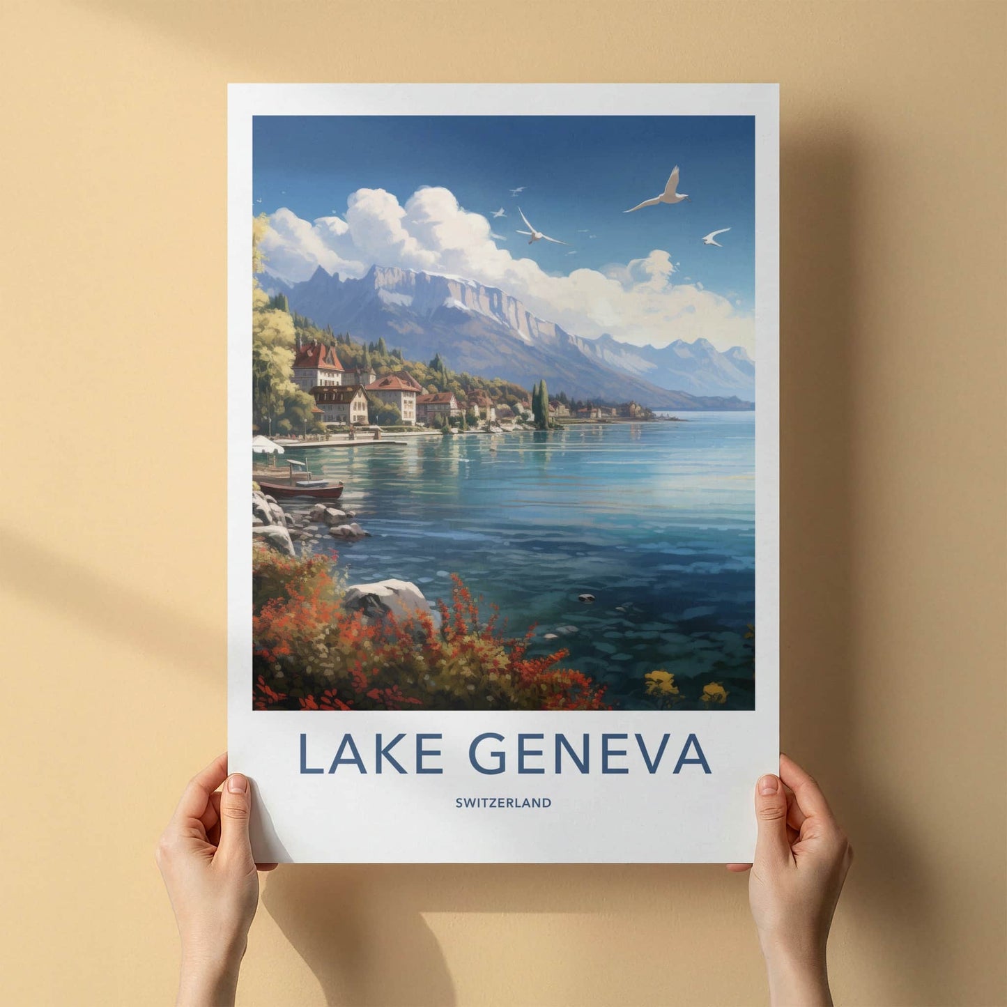 Lake Geneva Poster - Switzerland Travel Art - Cloudy Alpine Landscape Home Decor