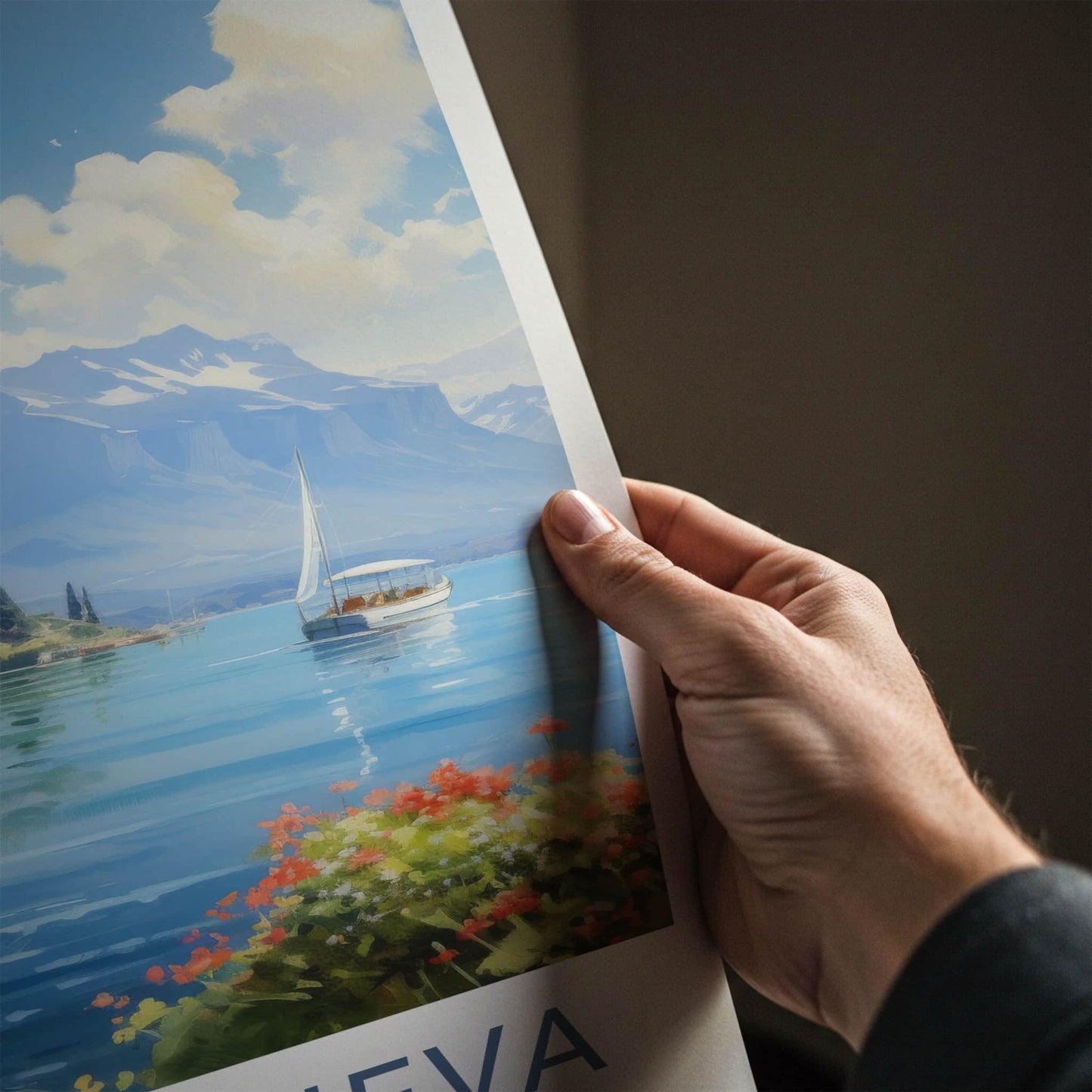 Lake Geneva Poster - Switzerland Travel Art - Sailboat Mountain Shore Home Decor