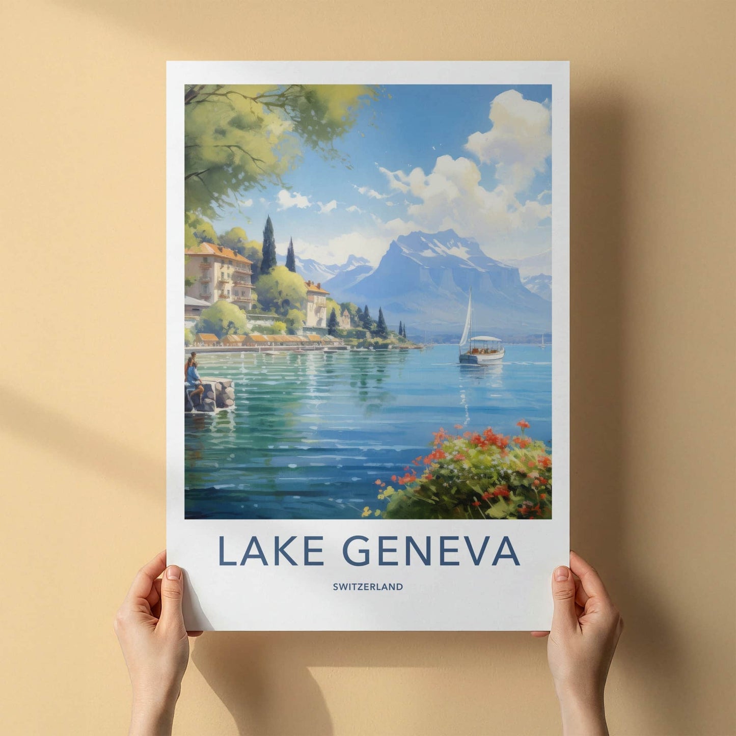 Lake Geneva Poster - Switzerland Travel Art - Sailboat Mountain Shore Home Decor