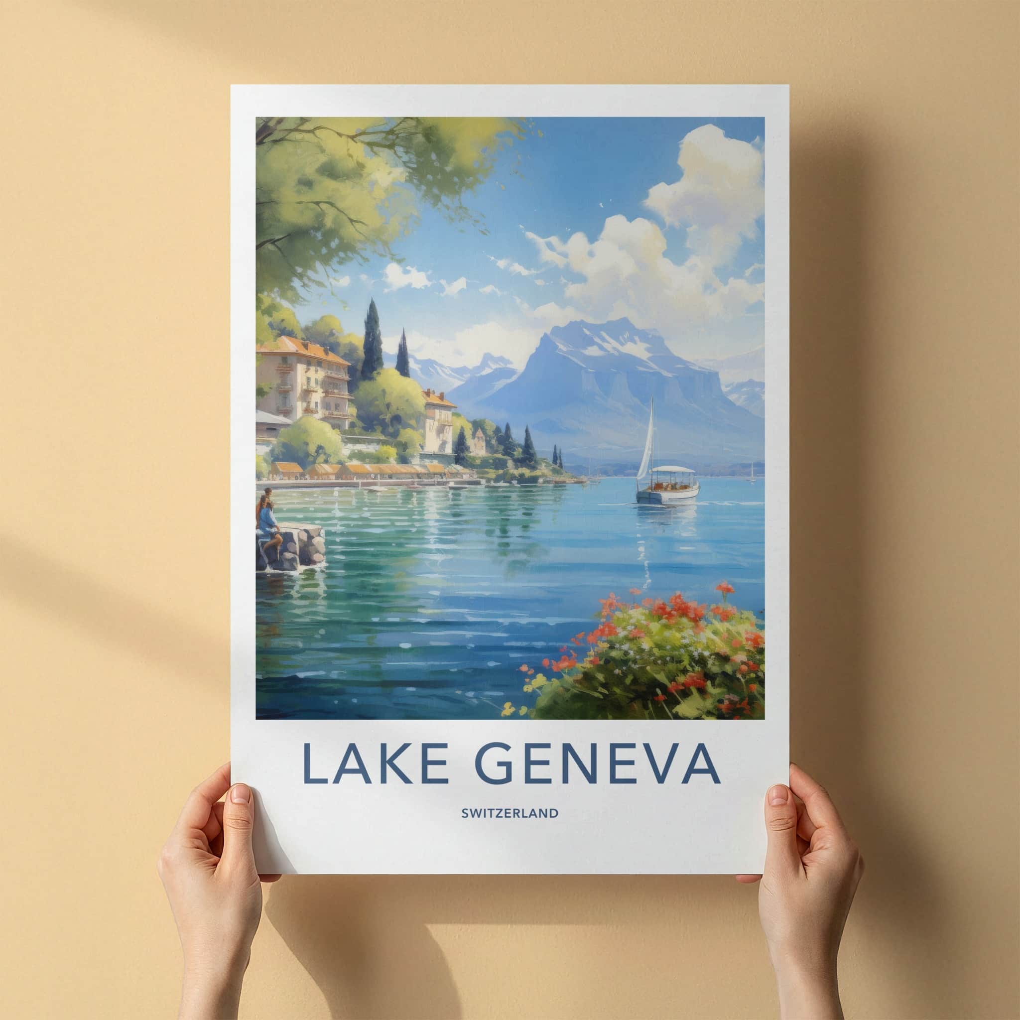 Lake Geneva Poster - Switzerland Travel Art - Sailboat Mountain Shore Home Decor