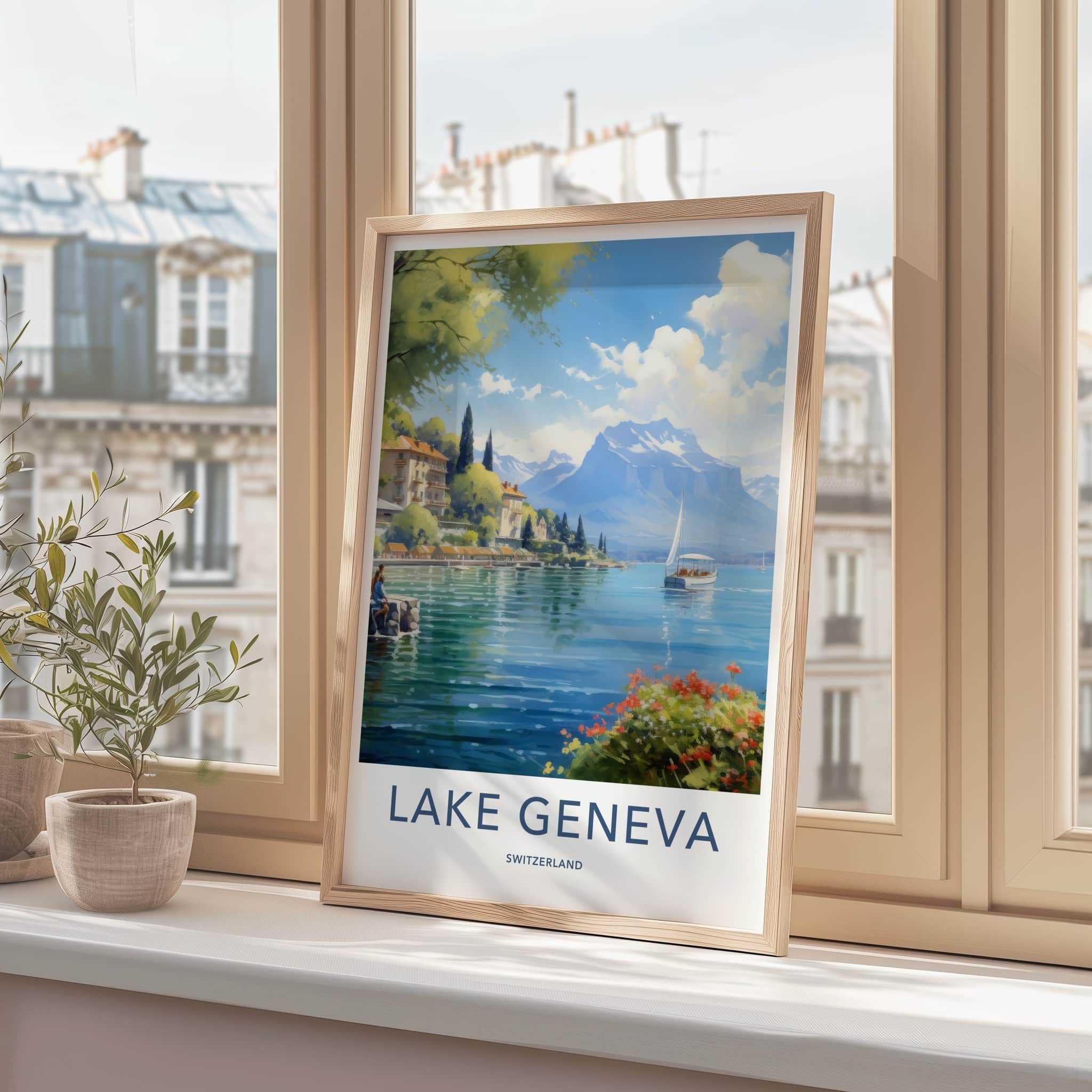 Lake Geneva Poster - Switzerland Travel Art - Sailboat Mountain Shore Home Decor