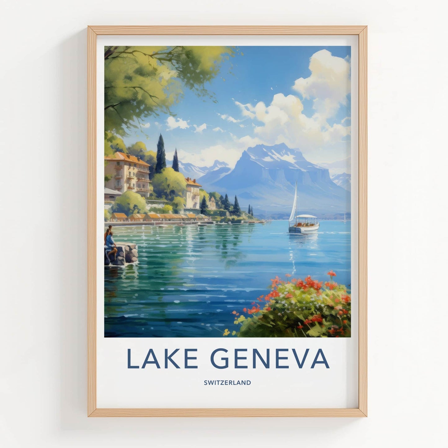 Lake Geneva Poster - Switzerland Travel Art - Sailboat Mountain Shore Home Decor