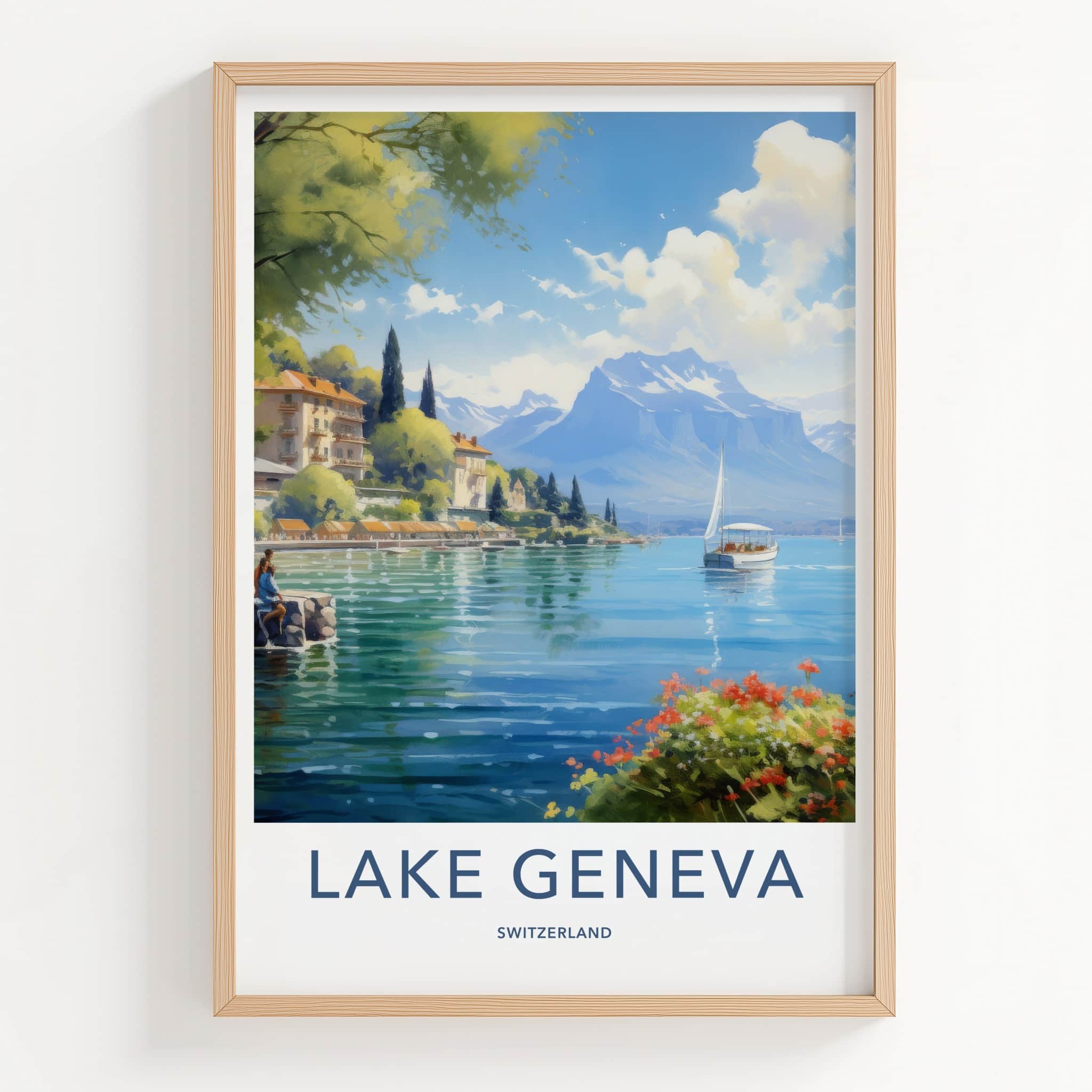 Lake Geneva Poster - Switzerland Travel Art - Sailboat Mountain Shore Home Decor