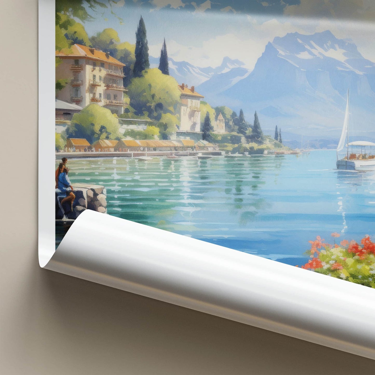 Lake Geneva Poster - Switzerland Travel Art - Sailboat Mountain Shore Home Decor