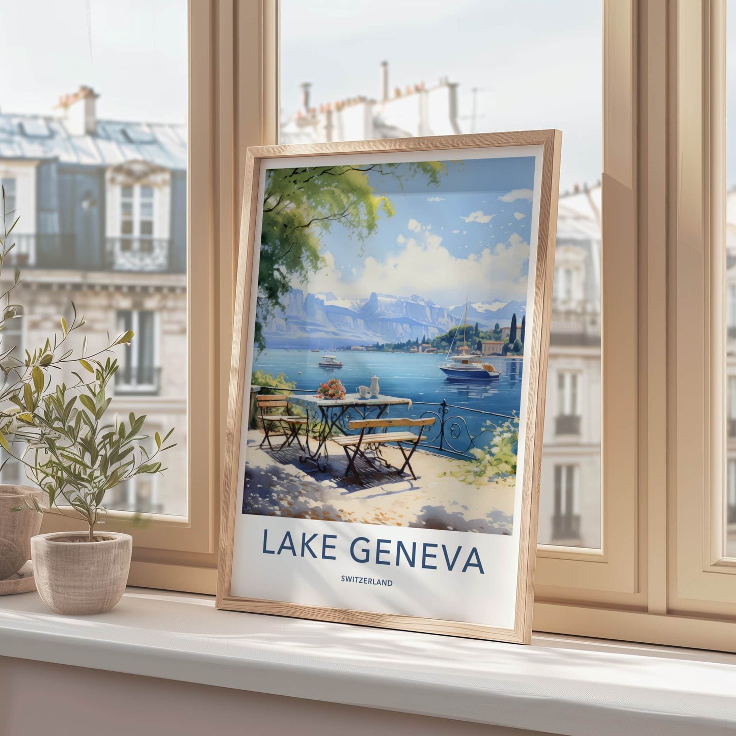 Lake Geneva Poster - Switzerland Travel Art - Terrace Lake View Home Decor