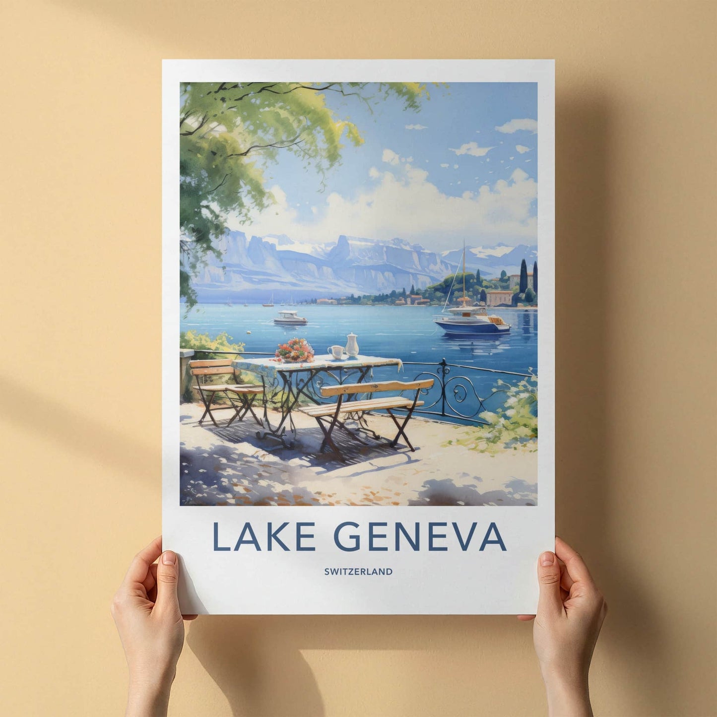 Lake Geneva Poster - Switzerland Travel Art - Terrace Lake View Home Decor
