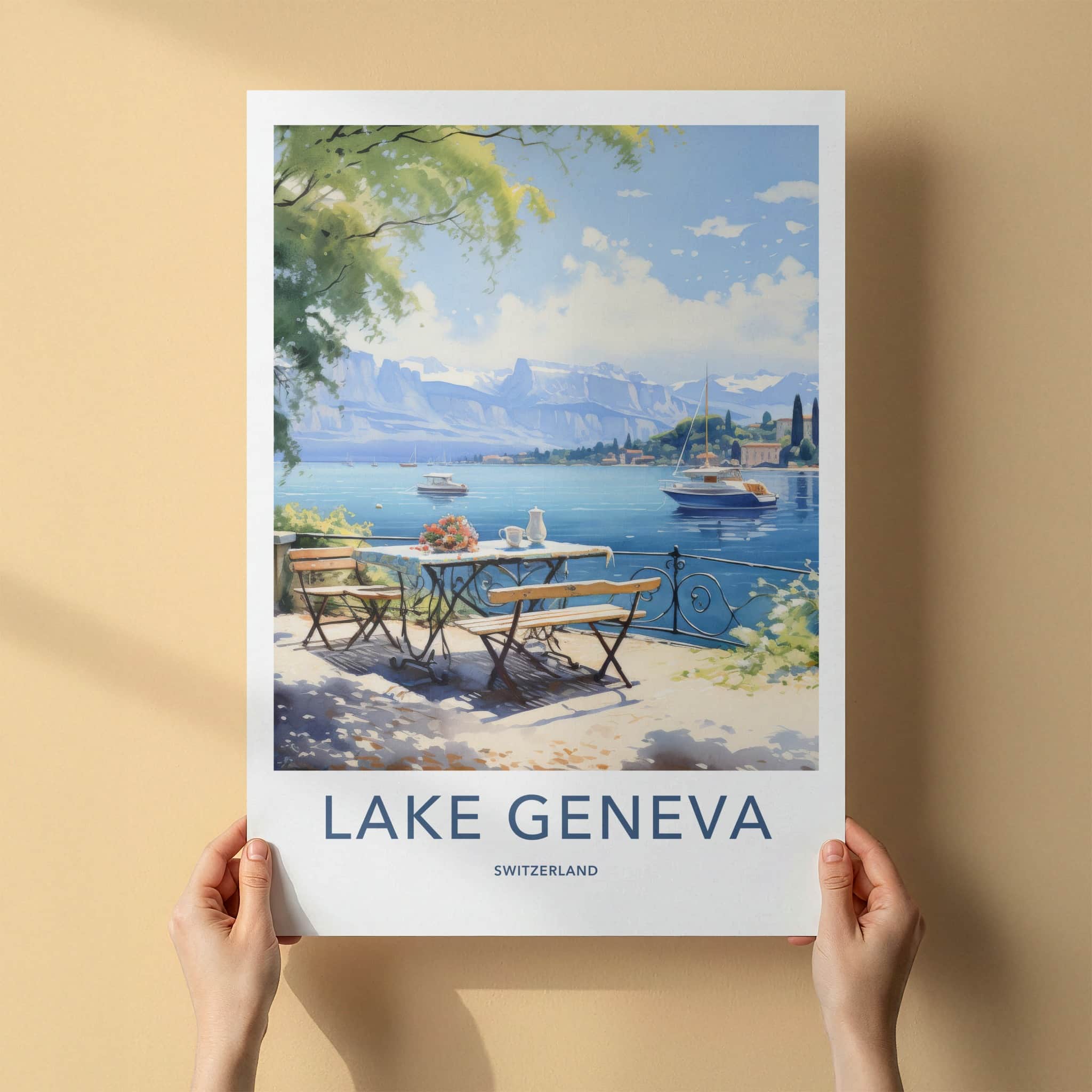 Lake Geneva Poster - Switzerland Travel Art - Terrace Lake View Home Decor