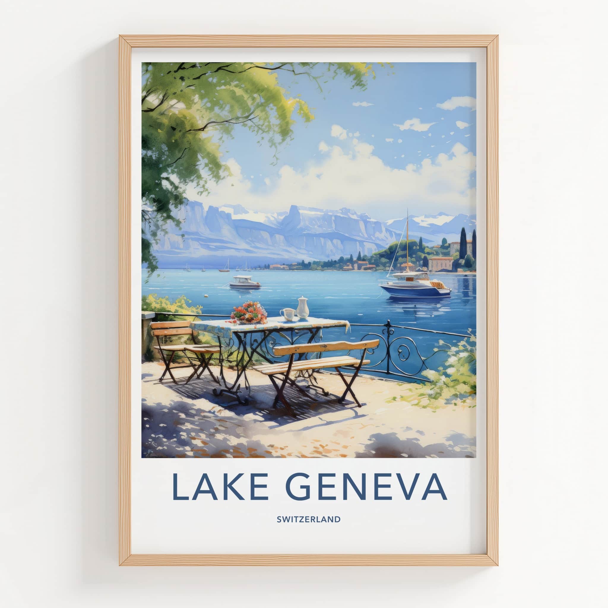 Lake Geneva Poster - Switzerland Travel Art - Terrace Lake View Home Decor