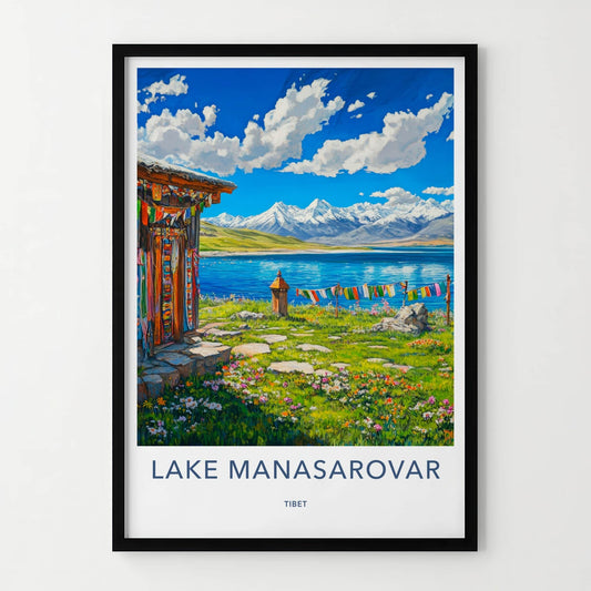 Lake Manasarovar Poster - Tibet Travel Art - Colorful Prayer Flags Home Decor
