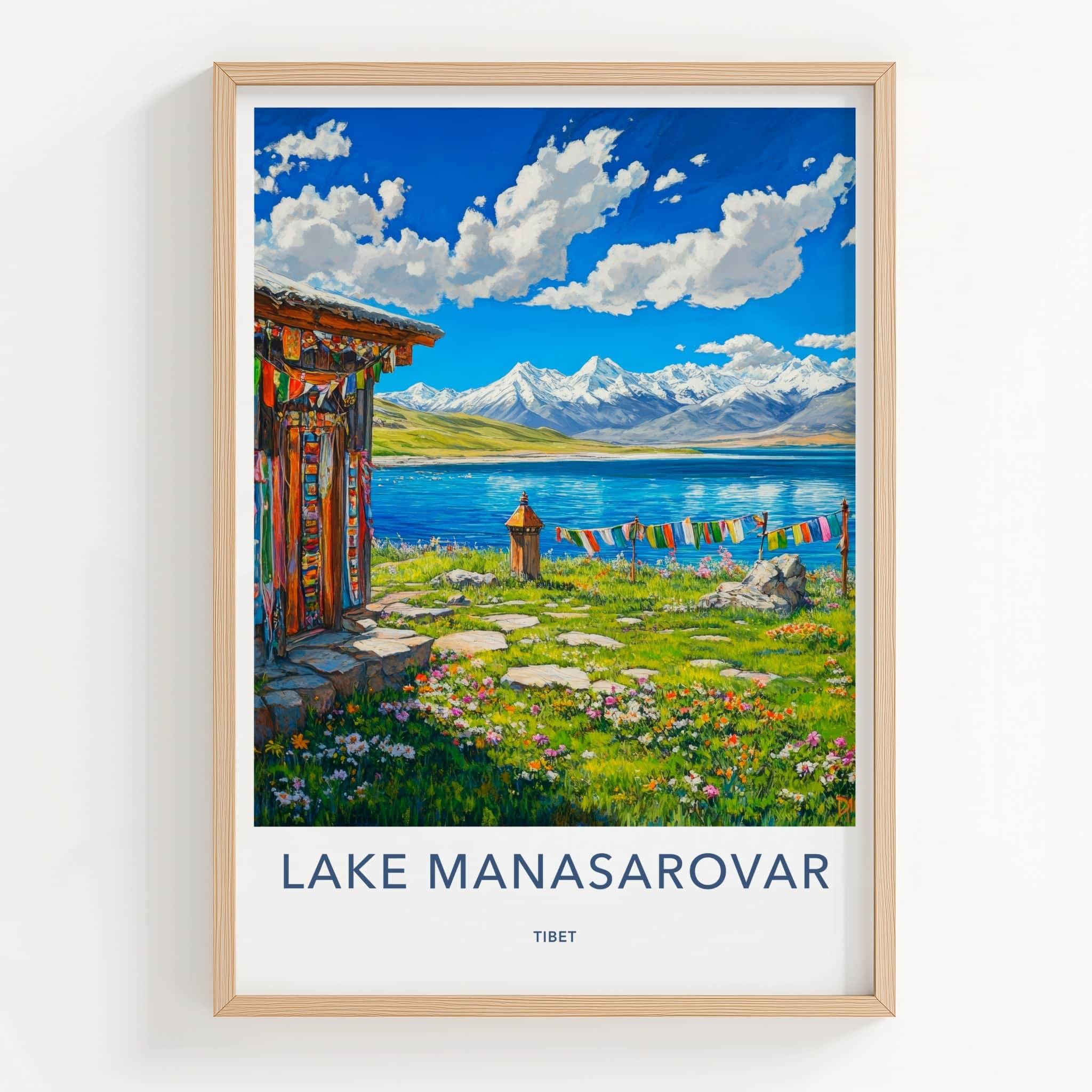 Lake Manasarovar Poster - Tibet Travel Art - Colorful Prayer Flags Home Decor