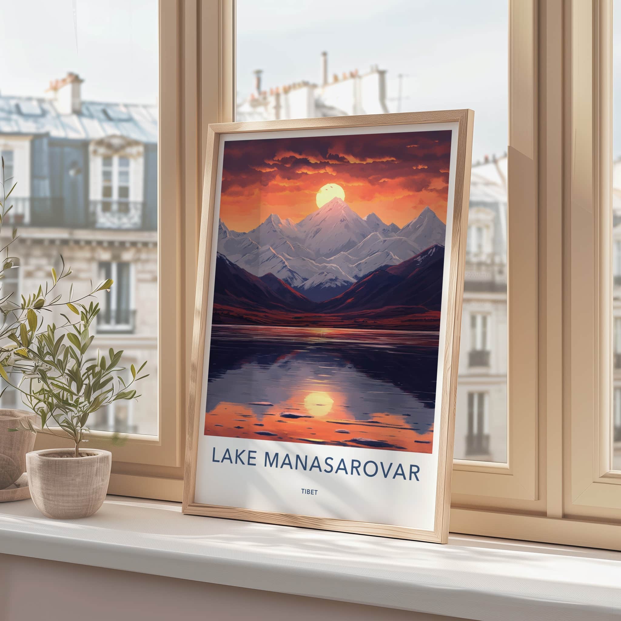 Lake Manasarovar Poster - Tibet Travel Art - Golden Sunset Reflection Home Decor