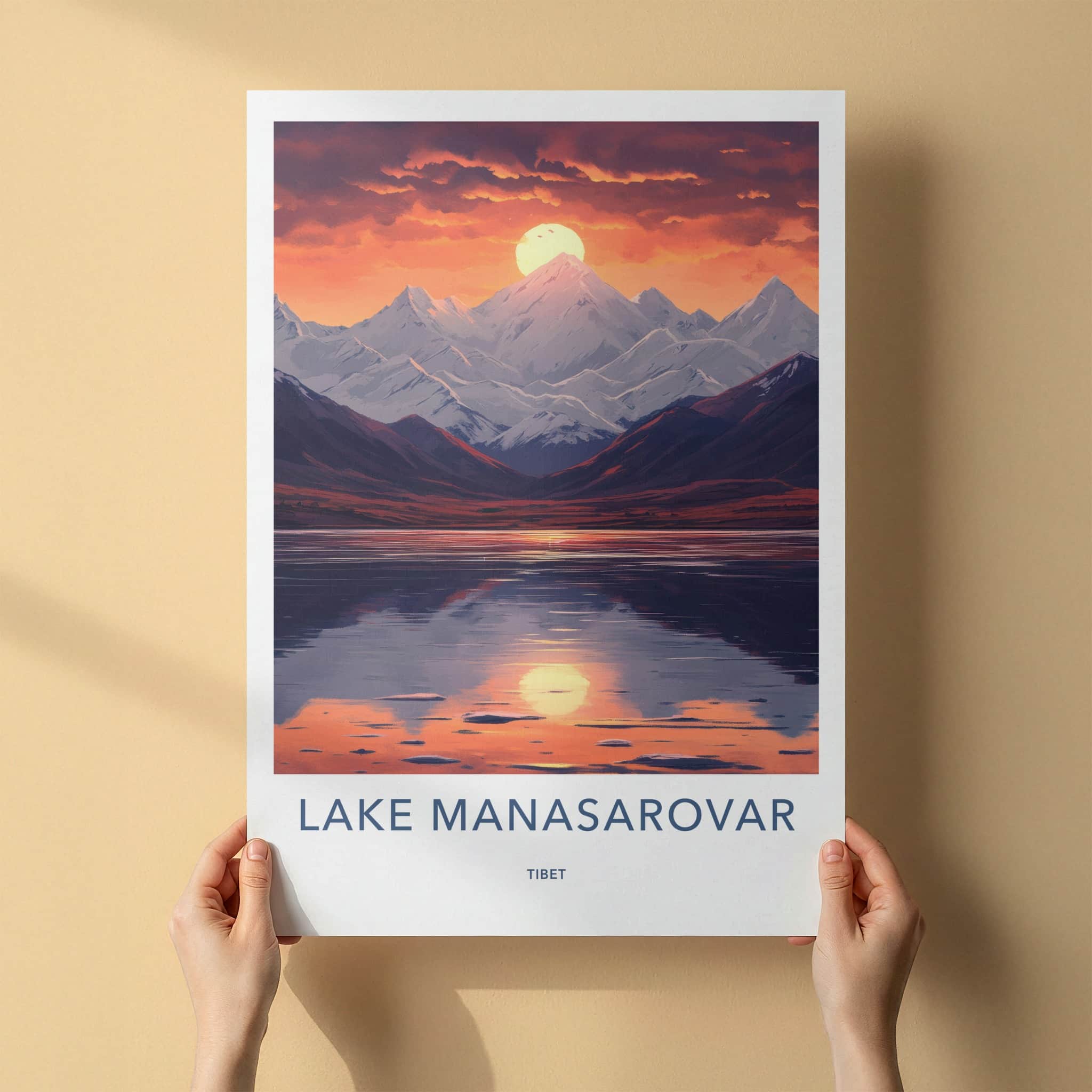 Lake Manasarovar Poster - Tibet Travel Art - Golden Sunset Reflection Home Decor