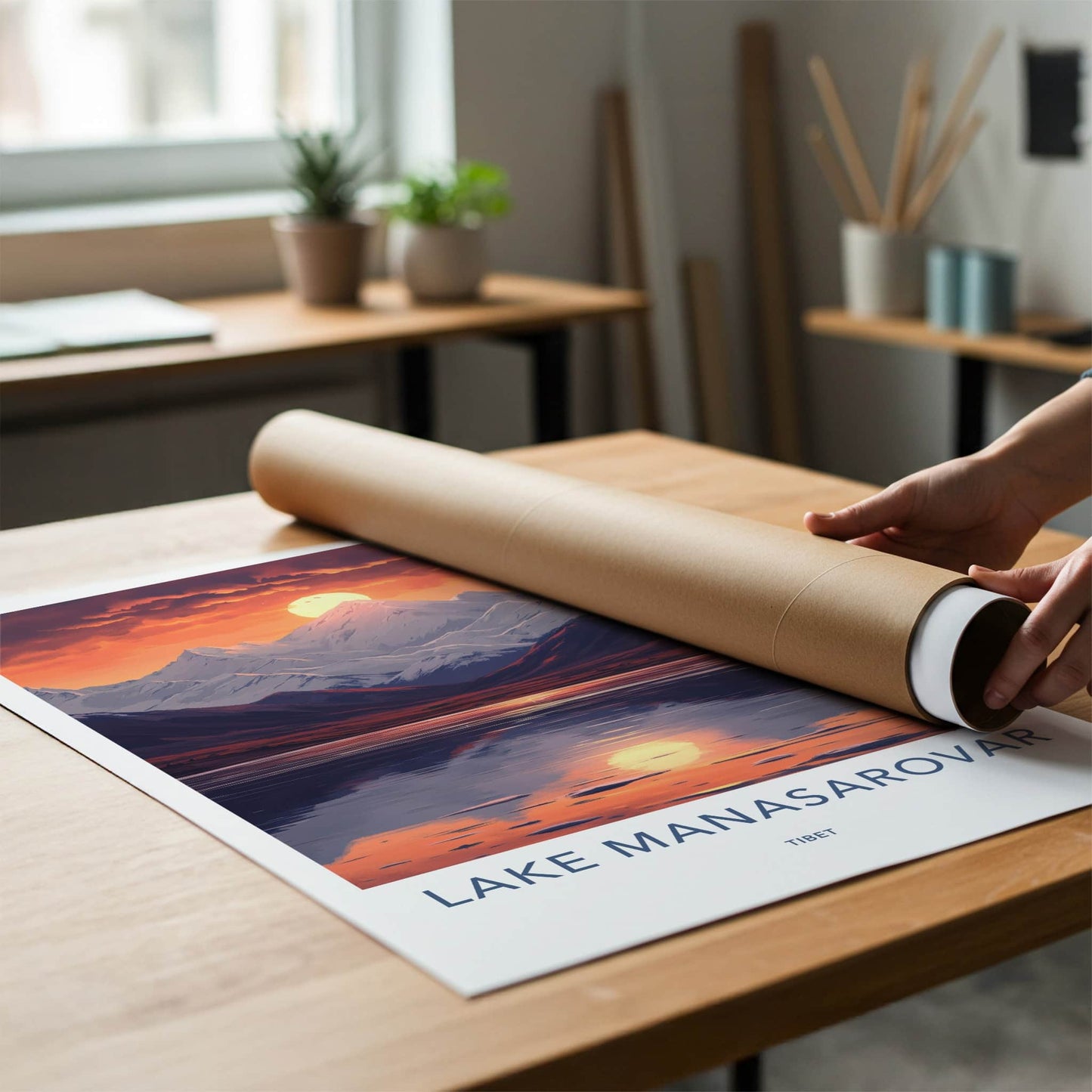 Lake Manasarovar Poster - Tibet Travel Art - Golden Sunset Reflection Home Decor