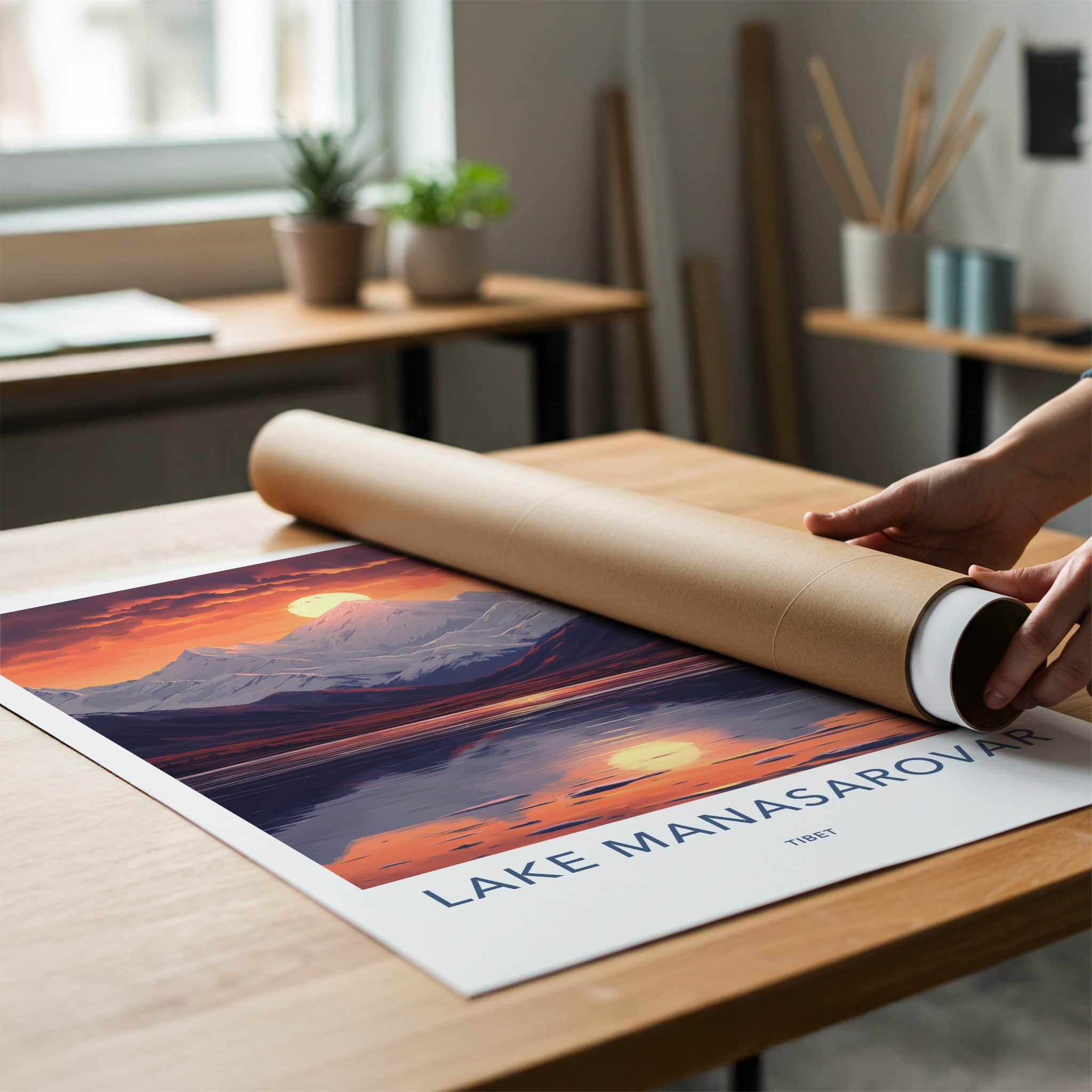 Lake Manasarovar Poster - Tibet Travel Art - Golden Sunset Reflection Home Decor