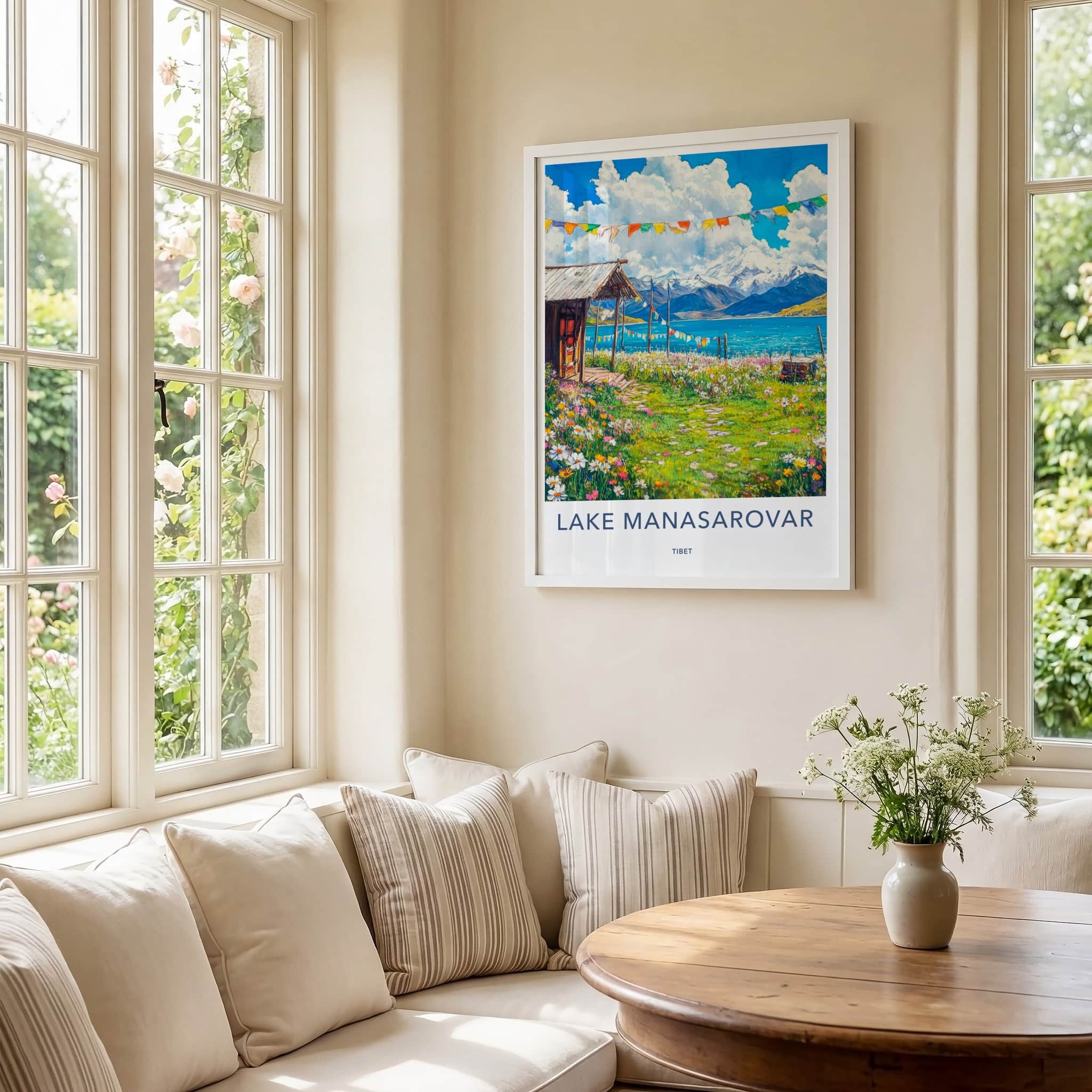 Lake Manasarovar Poster - Tibet Travel Art - Lakeside Cabin Flowers Wall Decor