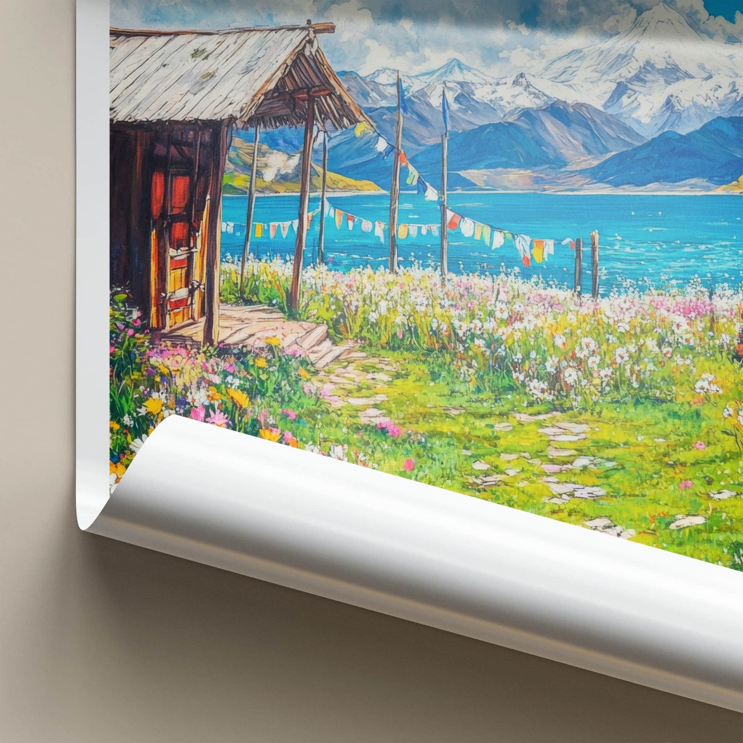 Lake Manasarovar Poster - Tibet Travel Art - Lakeside Cabin Flowers Wall Decor