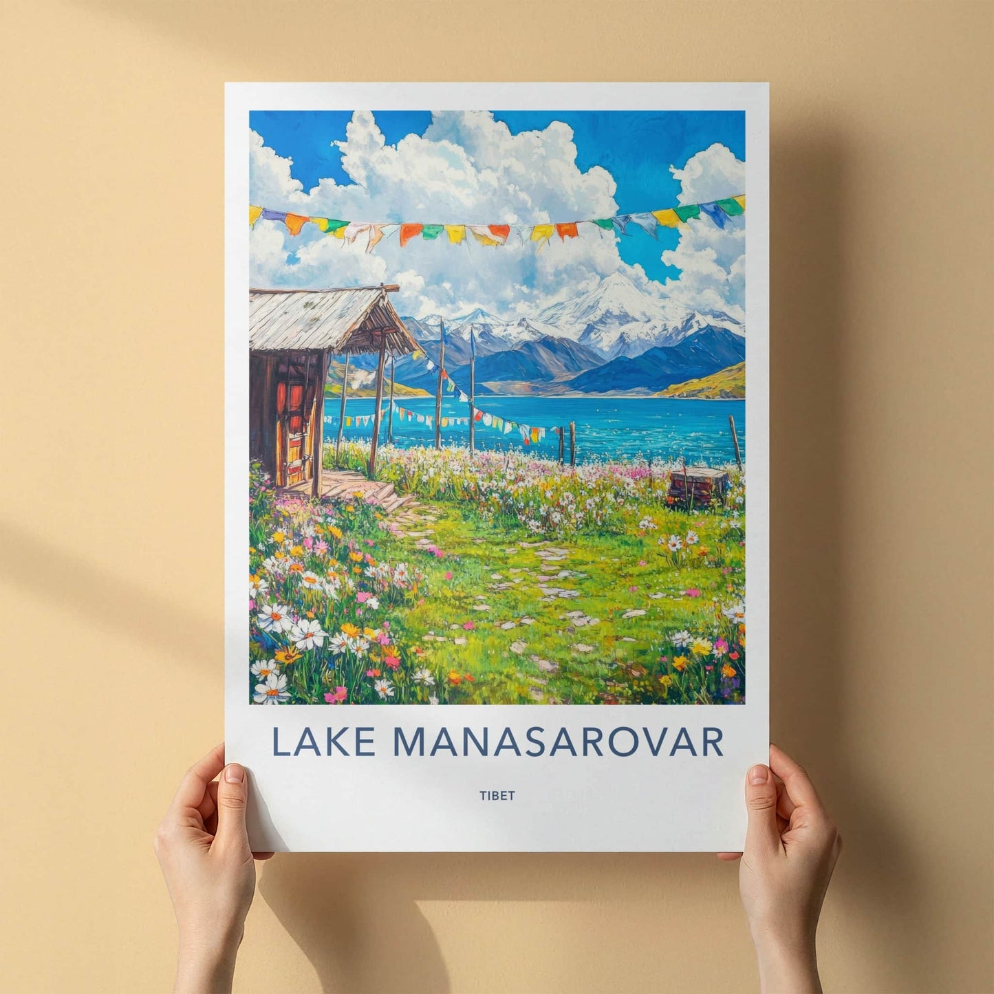 Lake Manasarovar Poster - Tibet Travel Art - Lakeside Cabin Flowers Wall Decor