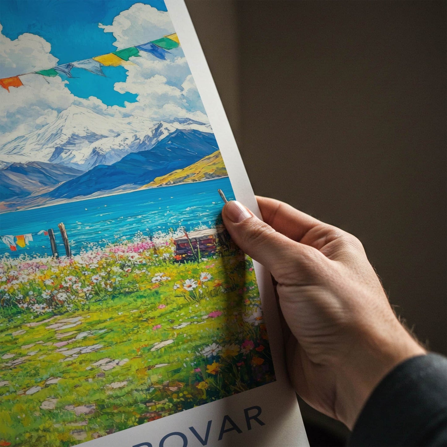 Lake Manasarovar Poster - Tibet Travel Art - Lakeside Cabin Flowers Wall Decor