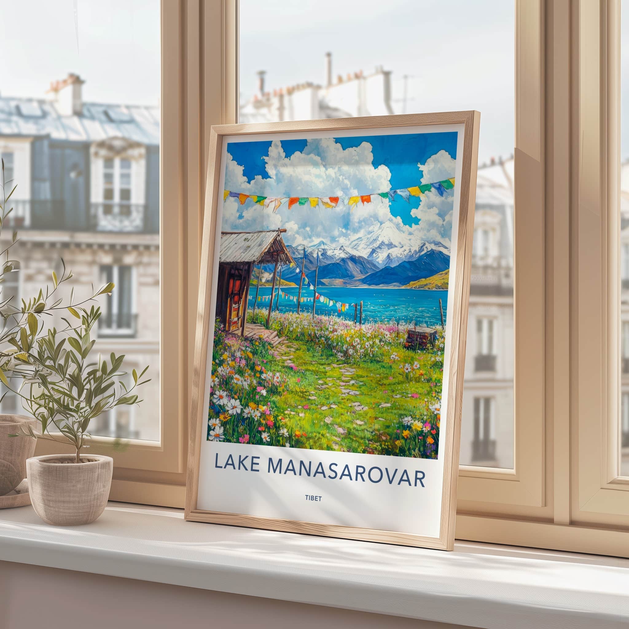 Lake Manasarovar Poster - Tibet Travel Art - Lakeside Cabin Flowers Wall Decor