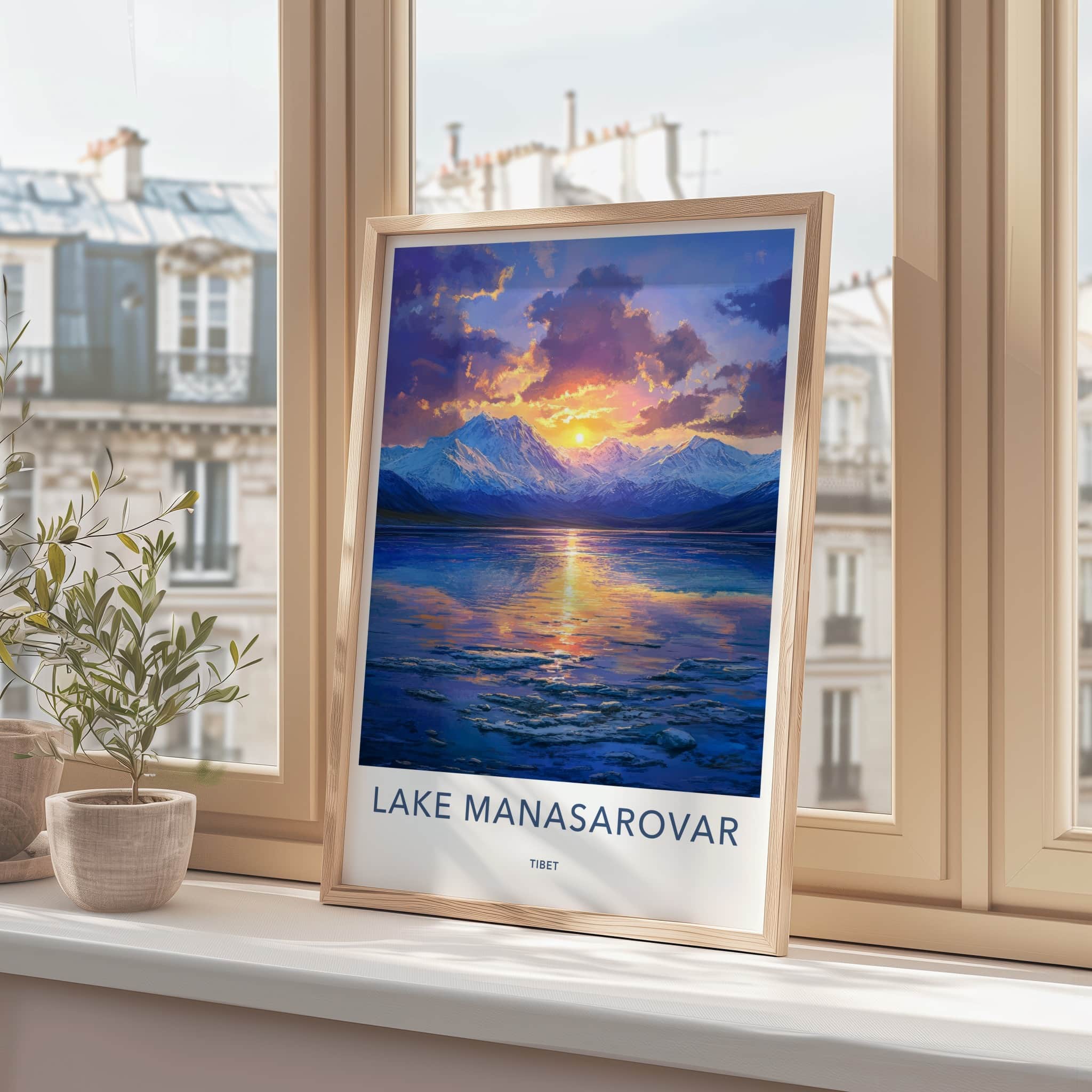 Lake Manasarovar Poster - Tibet Travel Art - Mountain Lake Sunset Home Decor