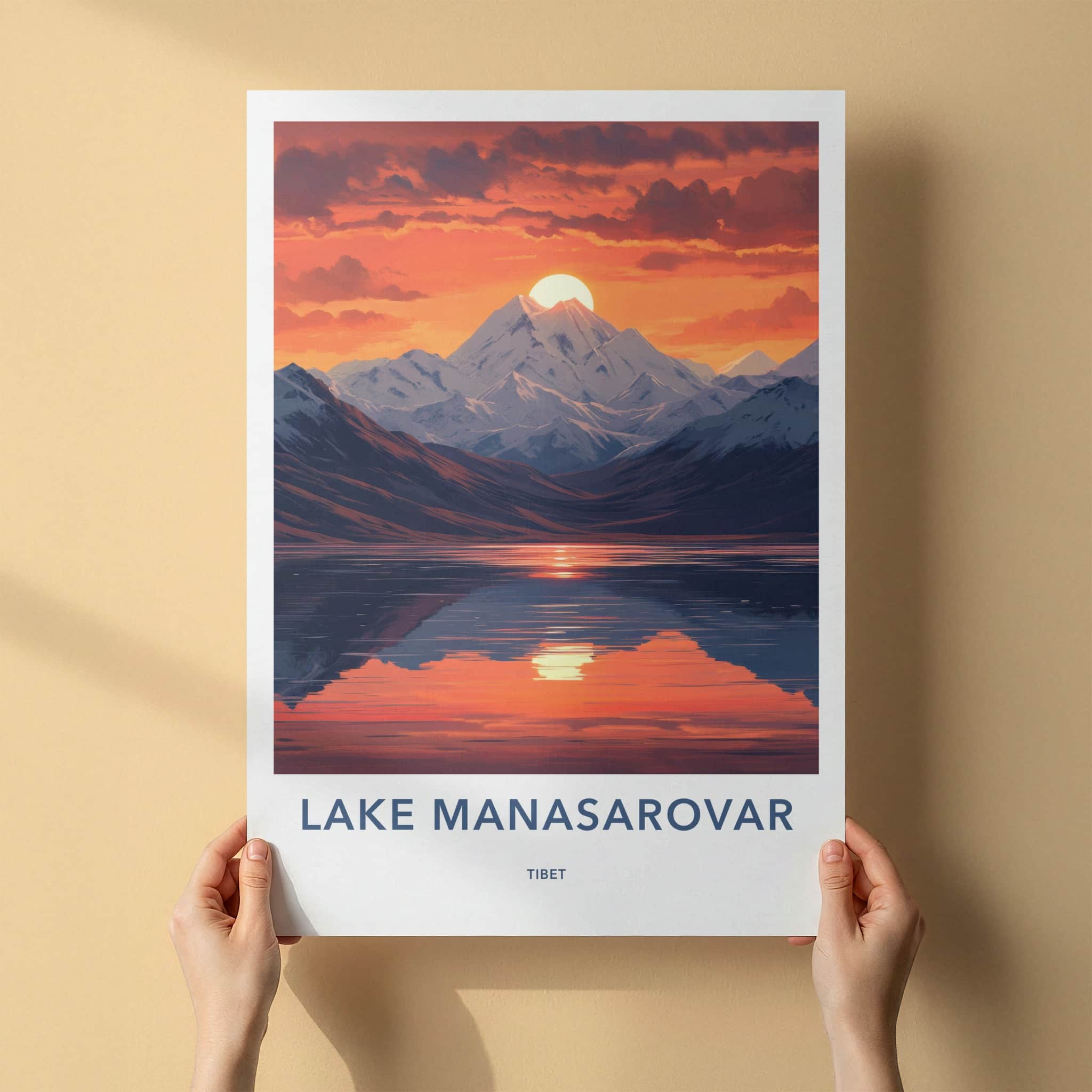 Lake Manasarovar Poster - Tibet Travel Art - Orange Sky Reflection Home Decor