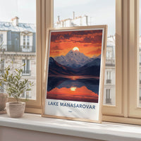 Lake Manasarovar Poster - Tibet Travel Art - Orange Sky Reflection Home Decor