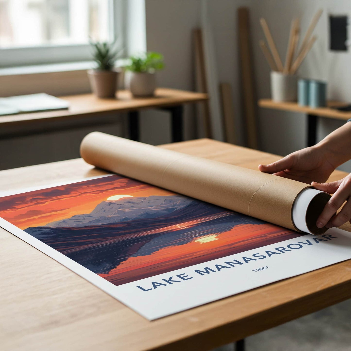 Lake Manasarovar Poster - Tibet Travel Art - Orange Sky Reflection Home Decor
