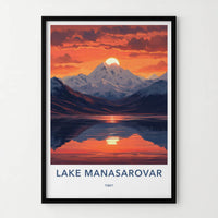 Lake Manasarovar Poster - Tibet Travel Art - Orange Sky Reflection Home Decor