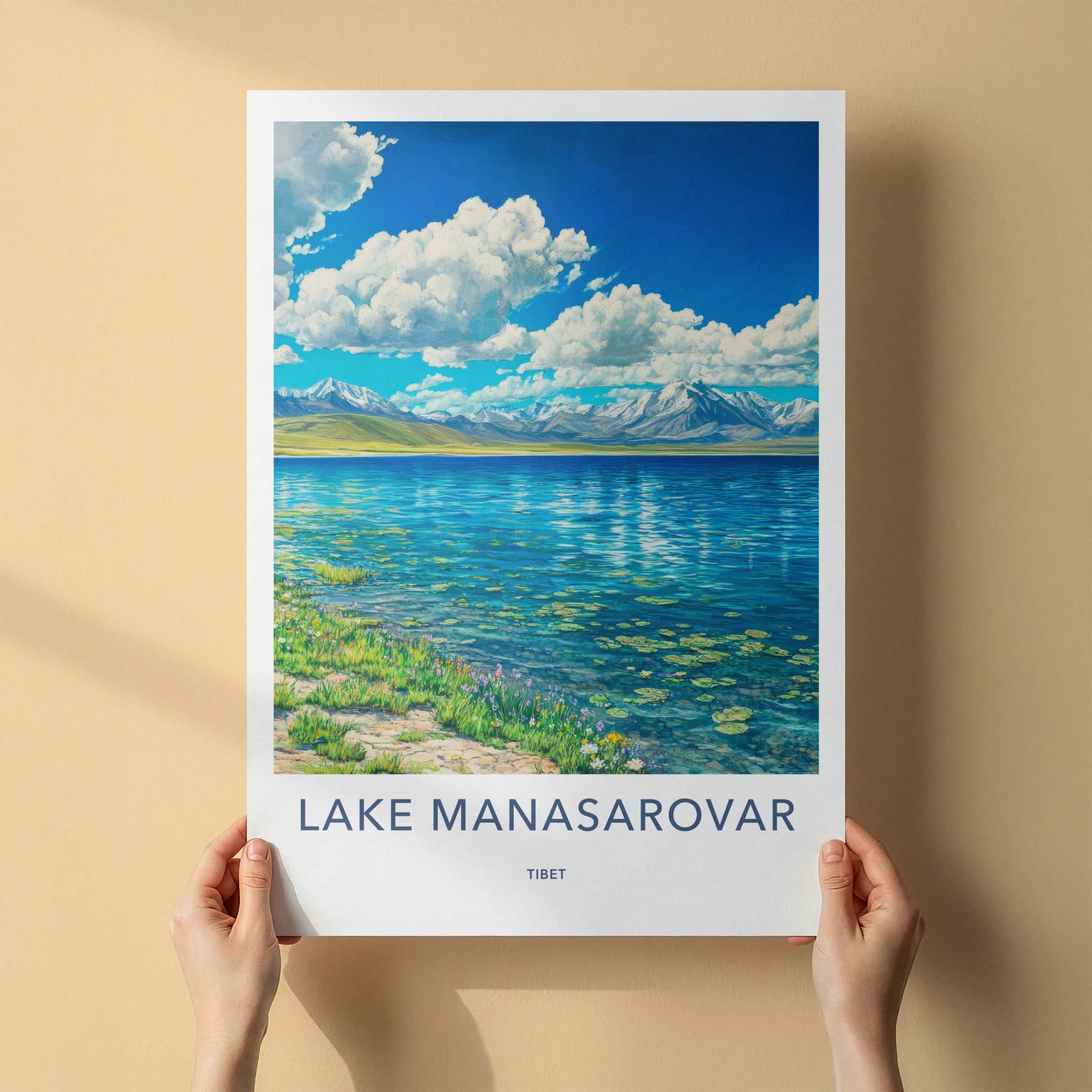Lake Manasarovar Poster - Tibet Travel Art - Snowy Peaks Lake Home Decor