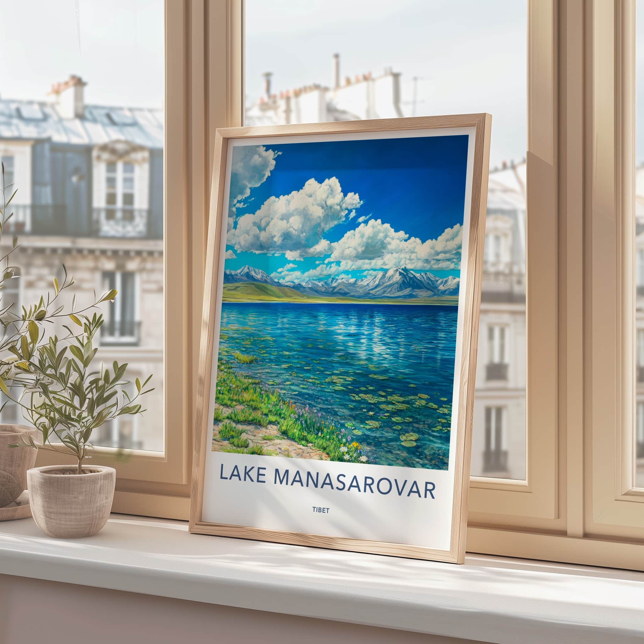 Lake Manasarovar Poster - Tibet Travel Art - Snowy Peaks Lake Home Decor