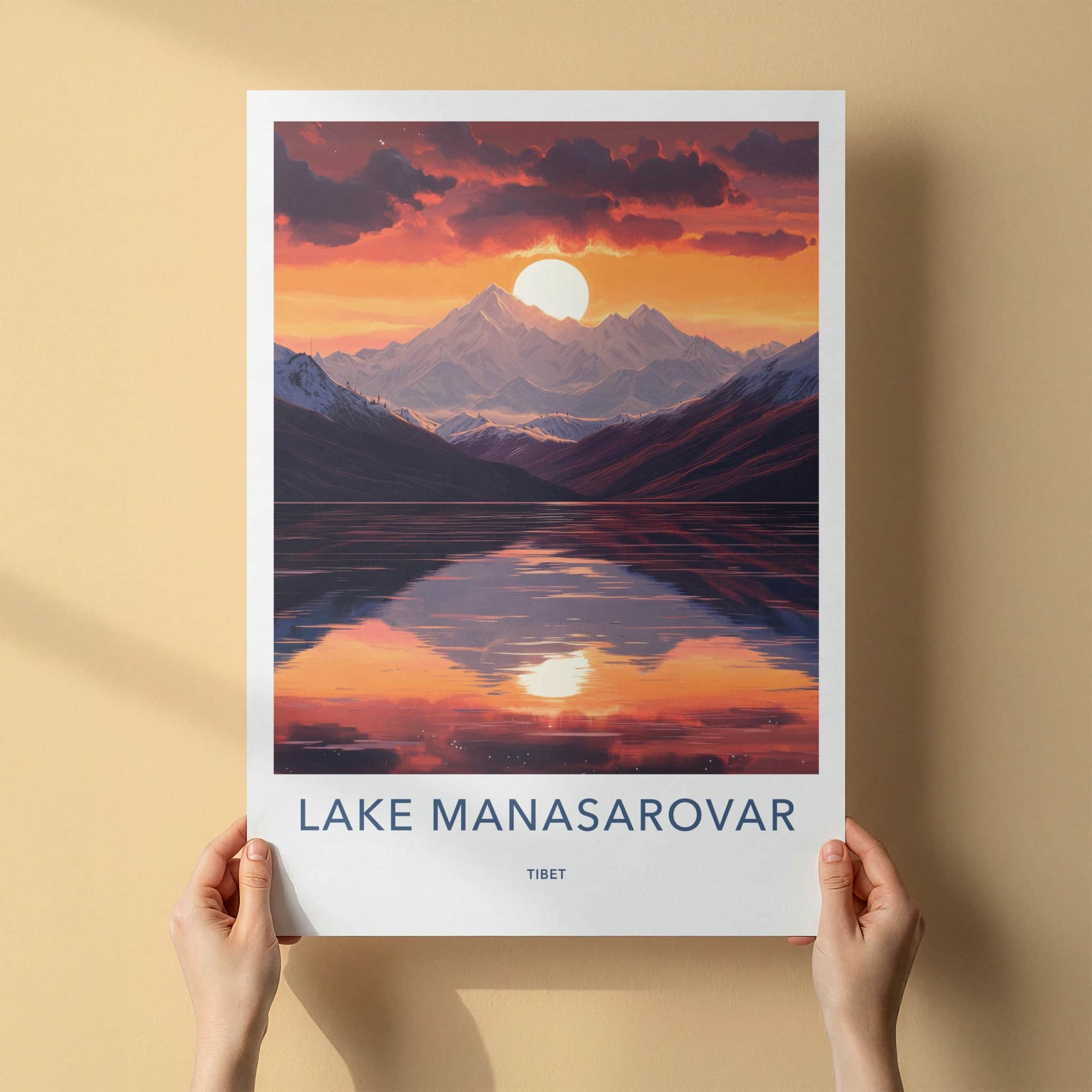 Lake Manasarovar Poster - Tibet Travel Art - Sunset Mountains Lake Home Decor