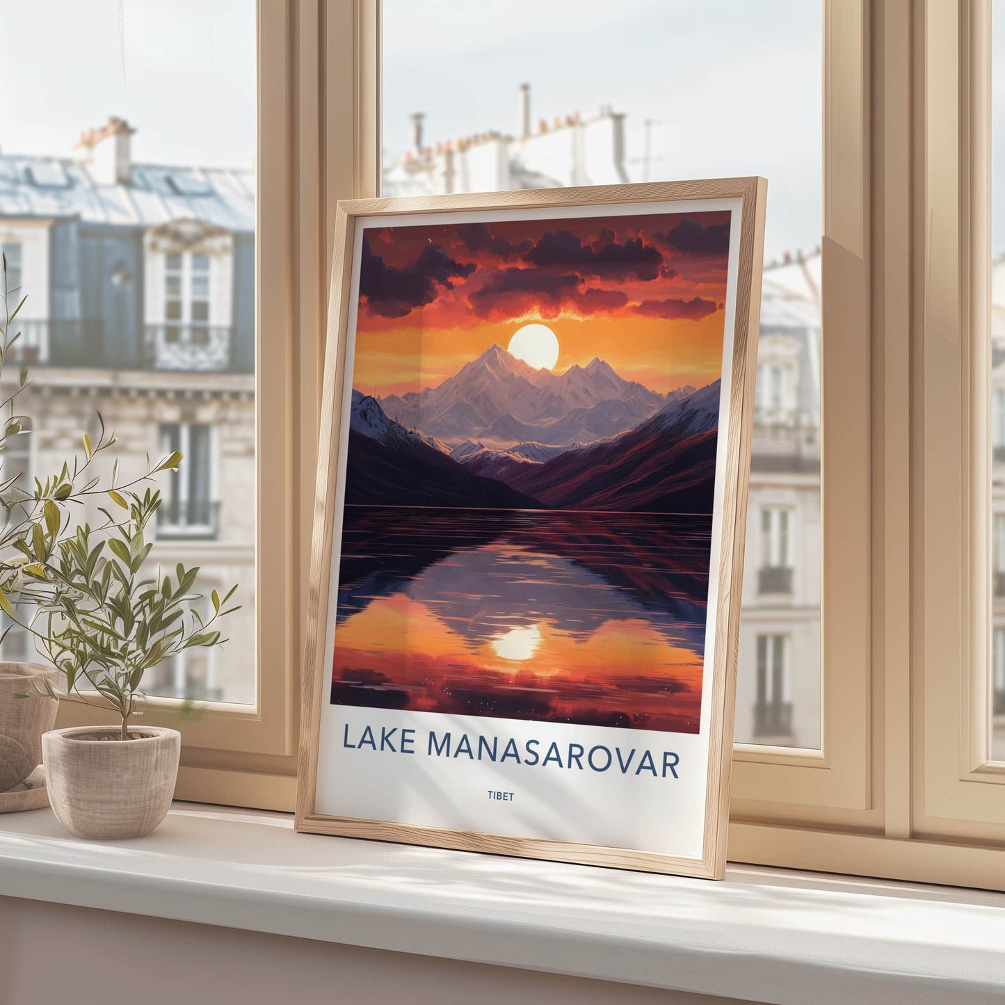 Lake Manasarovar Poster - Tibet Travel Art - Sunset Mountains Lake Home Decor