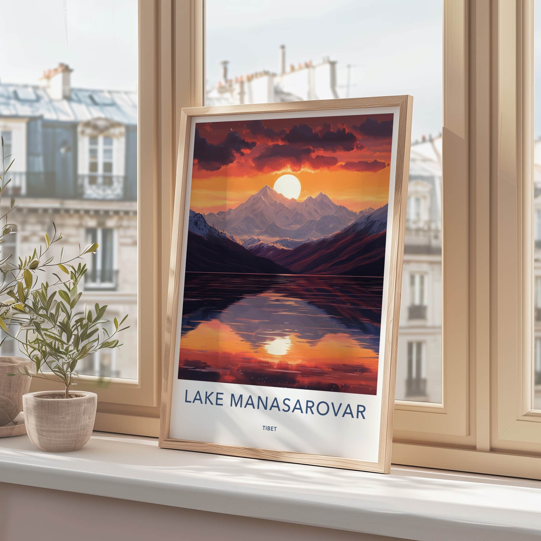 Lake Manasarovar Poster - Tibet Travel Art - Sunset Mountains Lake Home Decor