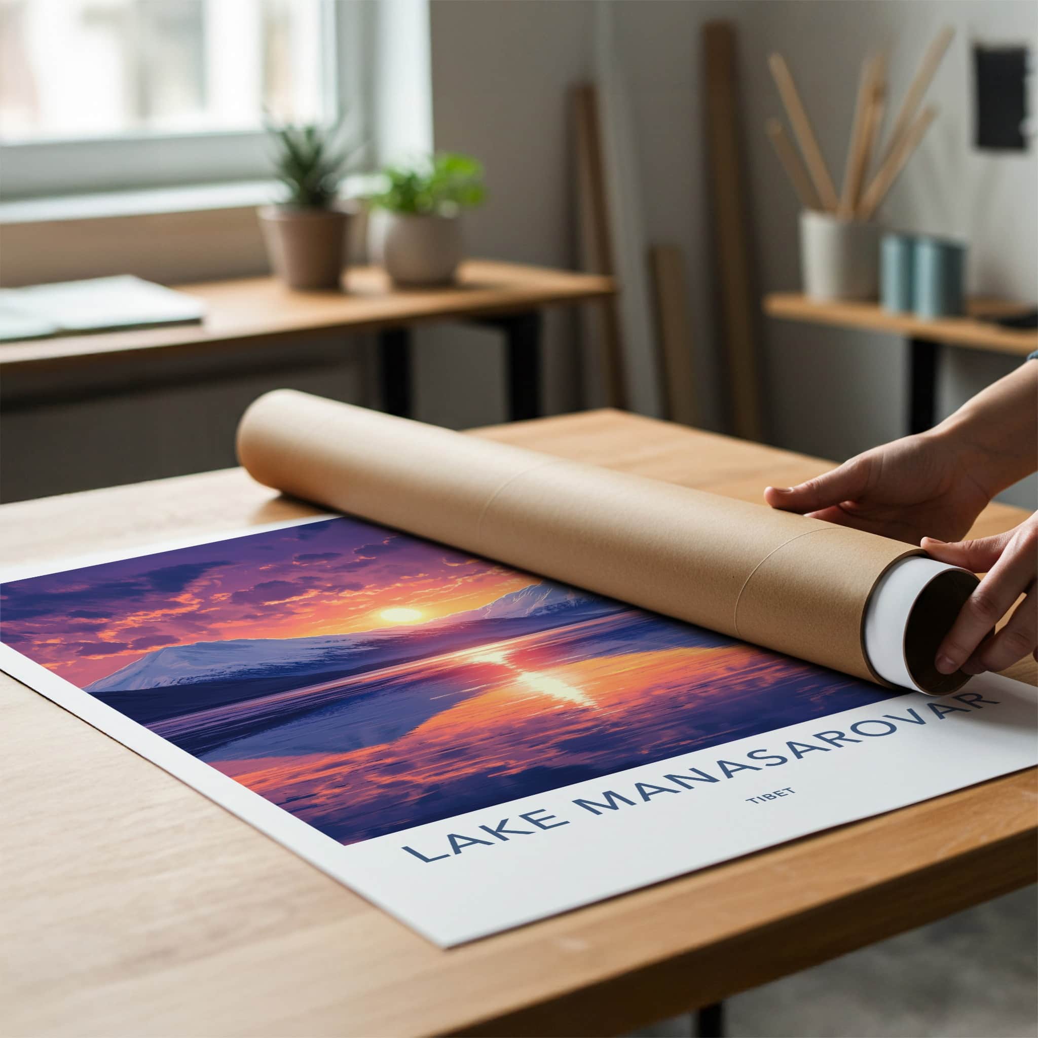 Lake Manasarovar Poster - Tibet Travel Art - Vibrant Sunset Reflections Home Decor