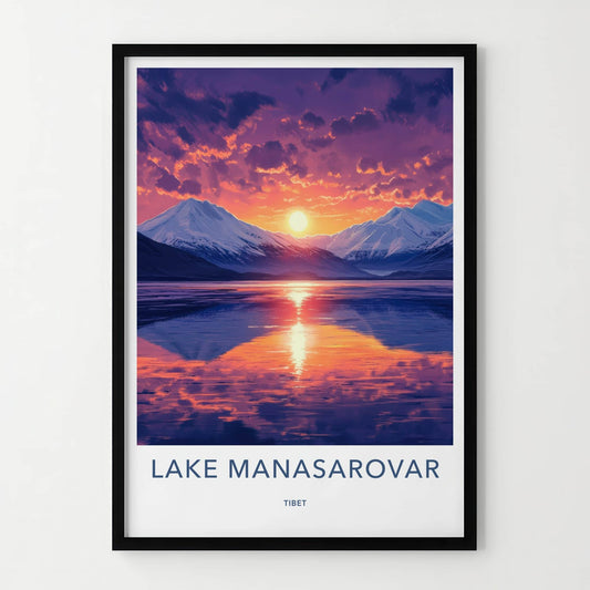 Lake Manasarovar Poster - Tibet Travel Art - Vibrant Sunset Reflections Home Decor