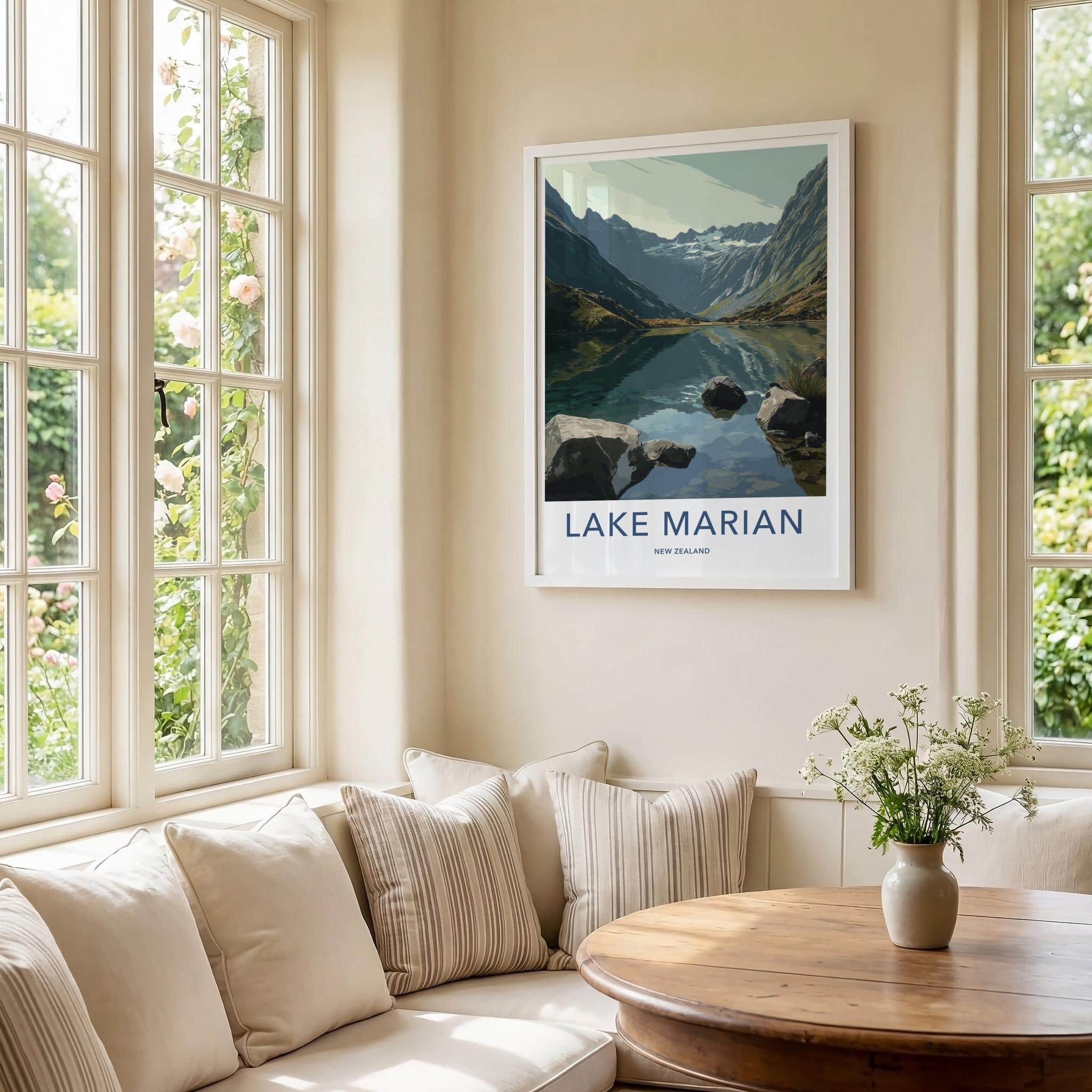 Lake Marian Poster - New Zealand Travel Art - Alpine Lake Peaks Home Decor