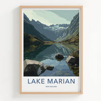 Lake Marian Poster - New Zealand Travel Art - Alpine Lake Peaks Home Decor