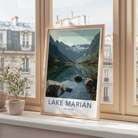 Lake Marian Poster - New Zealand Travel Art - Alpine Lake Peaks Home Decor